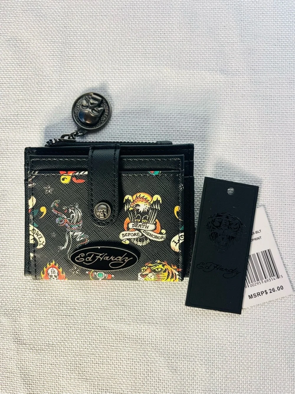 Ed Hardy Black Tattoo-Print Card Holder Coin Purse with Signature Zipper Pull - Picture 2 of 6